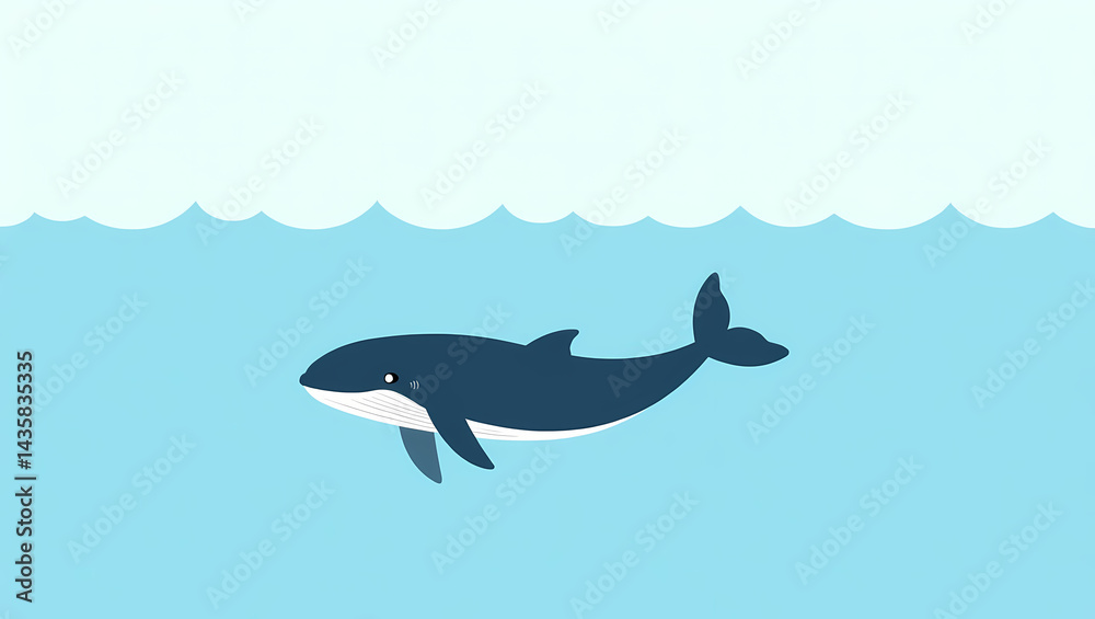 Naklejka premium Oceanic Majesty: The simple image of a whale, its dark form contrasting against the tranquil blue depths. It is a moment of serene beauty and underwater exploration.