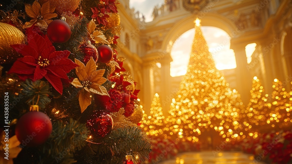 custom made wallpaper toronto digitalClose-up of Christmas tree ornaments with a large illuminated tree in the background.