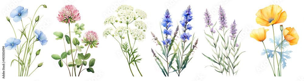 Obraz premium PNG Colorful botanical wildflower illustration, element set on transparent background
