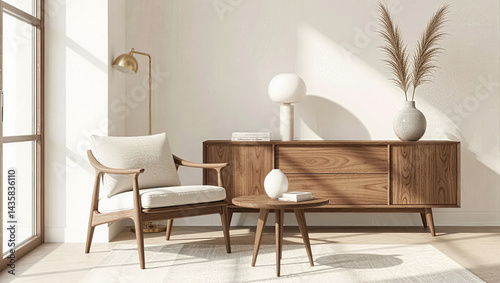 Modern space features minimalist furniture vignette with a simple chair alongside a stylish credenza sideboard and elegant table lamp. Subtle textures enhance the inviting atmosphere - Interior Design