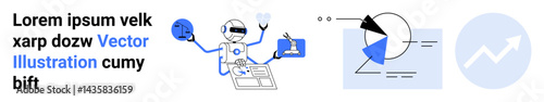 Robot using tools for data analysis, graphs, and charts in futuristic environment. Ideal for technology, artificial intelligence, analytics, innovation, digital transformation, automation simple