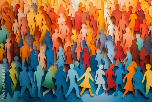 Colorful paper cutout silhouettes of diverse people, crowd representation in vibrant abstract design