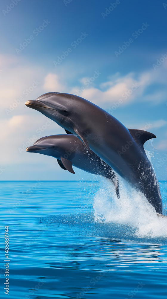 Obraz premium Dolphins Leap: Two graceful dolphins soar through the air, their sleek bodies glistening in the sunlight as they breach the tranquil ocean waves, embodying freedom.
