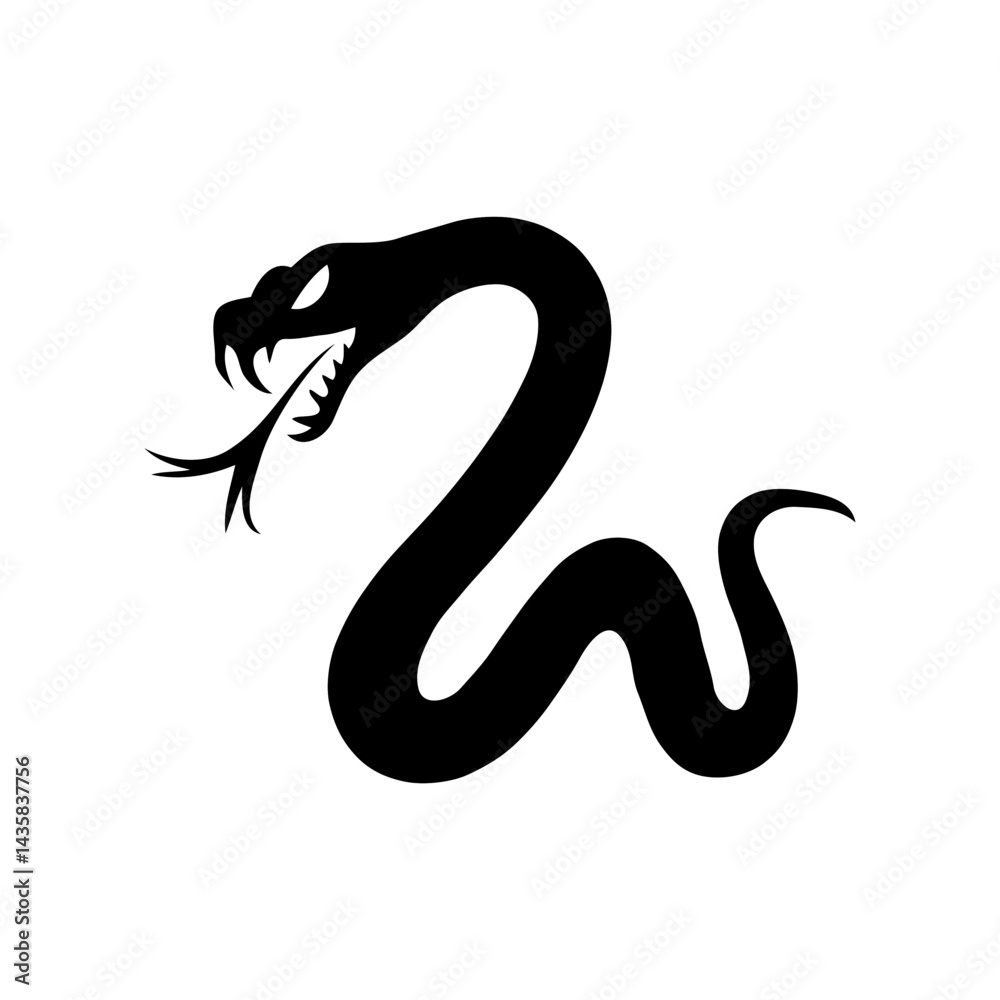 Fototapeta premium Ominous Black and White Vector Illustration of a Creepy Snake Silhouette, Featuring Dramatic Lighting and Menacing Slithering Reptilian Form with a Dangerous, Eerie Presence