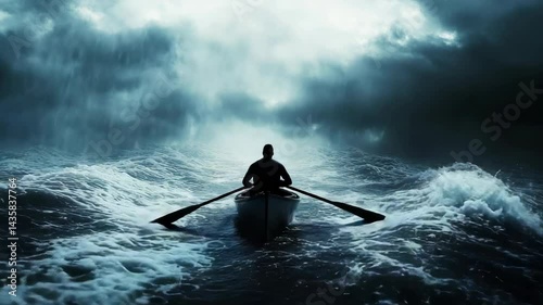 Man rowing boat across rough ocean waters towards a storm, dark and moody scenery with dramatic clouds, journey and adventure, rowing in the sea