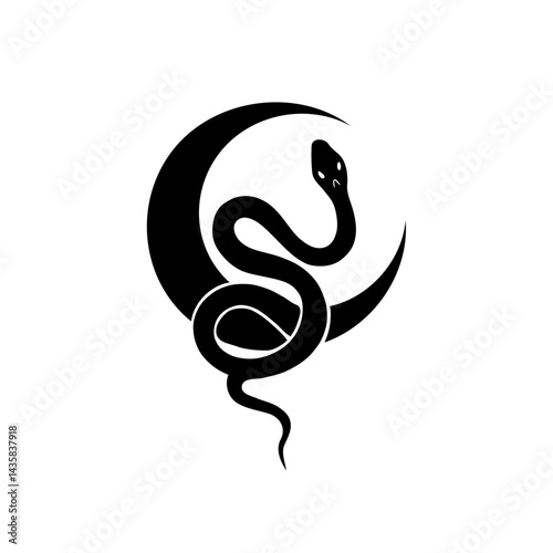 Dark Coiling Snake in Black and White Silhouette, Minimal Abstract Design with Sinuous Reptilian Form, Symbolizing Mystical Spirituality in a Simple, Elegant Geometric Composition