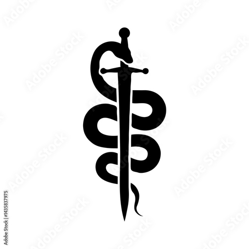 Minimalist Black and White Illustration of a Serpent Coiled Around a Sword, Symbolizing Medicine, with Simple Silhouette and Monochrome Design