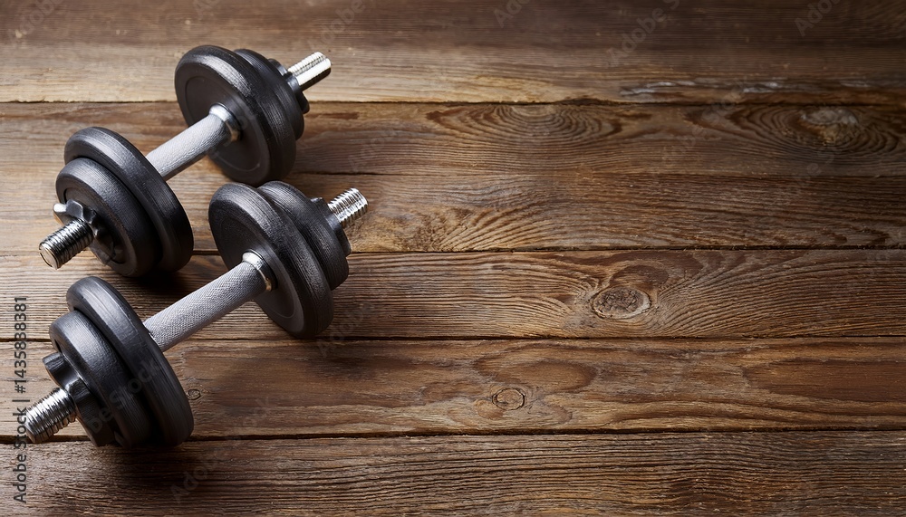 sport equipment; dumbbells on wooden background sport equipment; dumbbells on wooden background