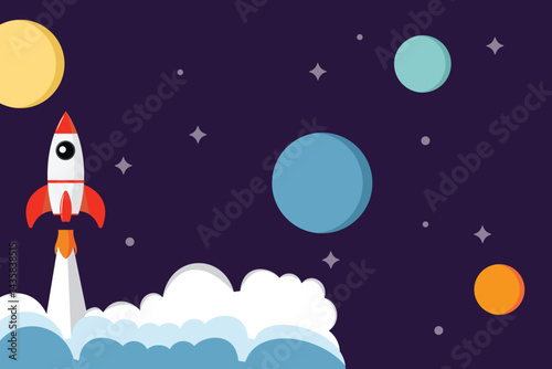 Rocket launch into space with planets and stars in the background.