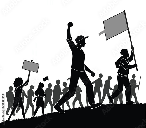 Silhouette illustration of a crowd marching with raised fists and signs on white background