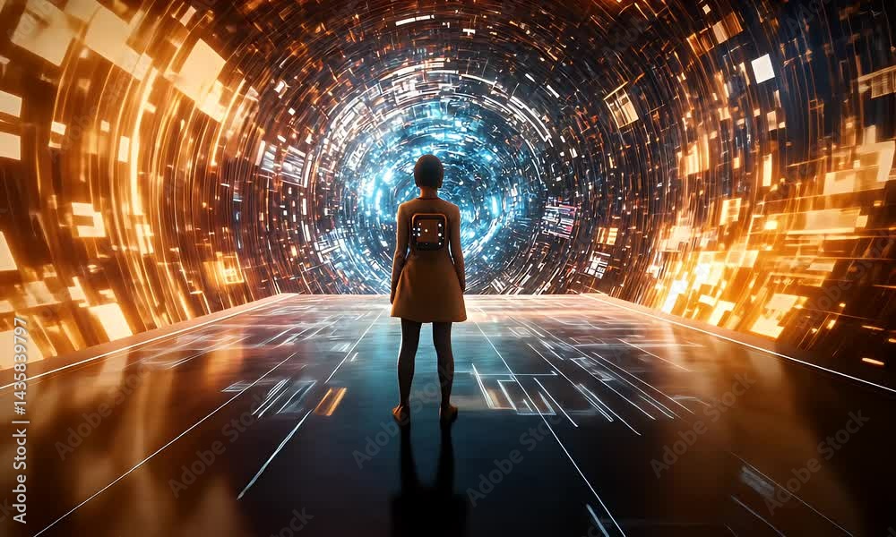 Person stands at digital tunnel entrance futuristic concept