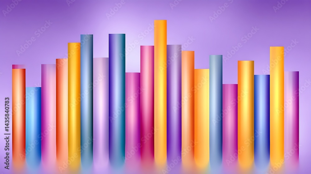 Colorful bar graph illustrating data visualization, showing varying heights and vibrant hues against a soft purple backdrop