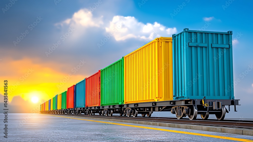 Obraz premium Colorful freight train carrying cargo containers at sunset