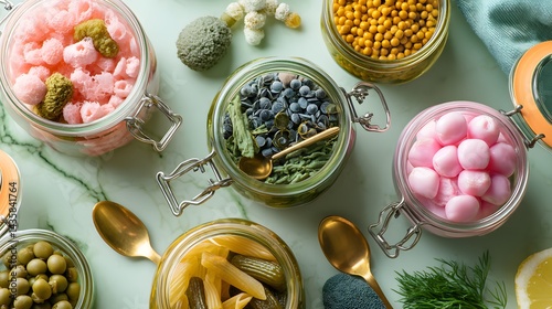 Five probiotic-rich foods in a circle, promoting gut health with vibrant colors
