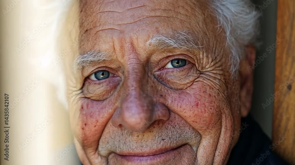 Close-up portrait of an elderly man with white hair and a gentle smile. He is wearing a dark blue shirt, and the background is blurred Close-up portrait of an elderly man with white hair and a gentle smile. He is wearing a dark blue shirt, and the background is blurred