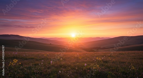 Bright sunrise behind rolling hills
