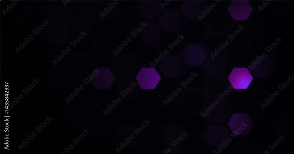 Vector illustration featuring multiple hexagon shapes scattered randomly on a solid black background. The hexagons have soft, blurry edges, mimicking a bokeh effect. Most hexagons are a dark purple 