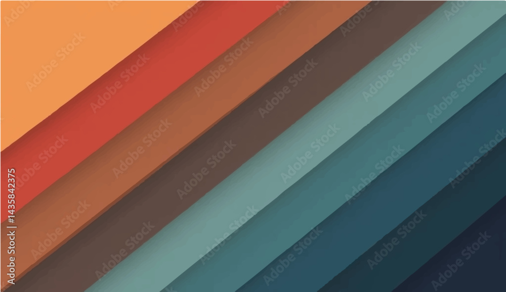Obraz premium Vector illustration featuring diagonal stripes. The stripes consist of the following colors: orange, red-orange, brown, tan, light blue, dark blue, and navy. Each stripe touches the edge of the frame,