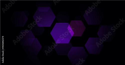 Vector illustration featuring multiple hexagon shapes scattered randomly on a solid black background. The hexagons have soft, blurry edges, mimicking a bokeh effect. Most hexagons are a dark purple 