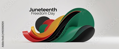 Abstract geometric design with the colors of Juneteenth (red, green, black, yellow) flowing in bold, smooth curves, surrounded by a minimalist white space, with the text 'Juneteenth Freedom Day' in a 