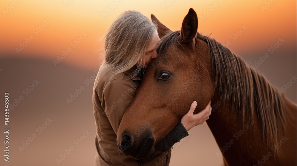 Obraz premium A woman with long blonde hair gently embraces a chestnut brown horse at sunset creating a heartwarming and serene scene of connection and love between human and animal.