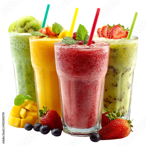 Four tall glasses filled with different smoothies. The smoothies are topped with fruit and have straws with colorful flags. The glasses are placed on a white surface, with fresh fruits like strawberri