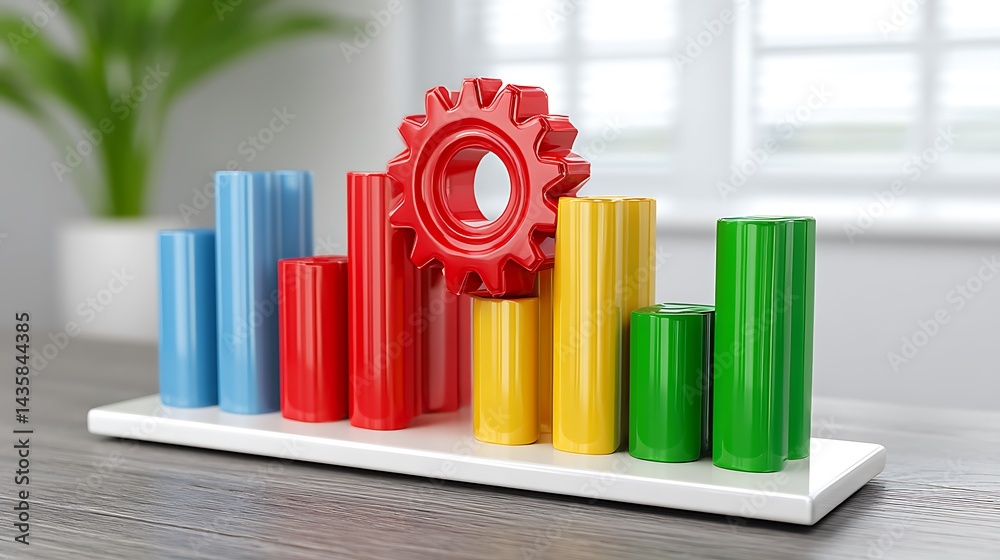 Fototapeta premium Colorful bar graph with a gear, symbolizing business growth and mechanism