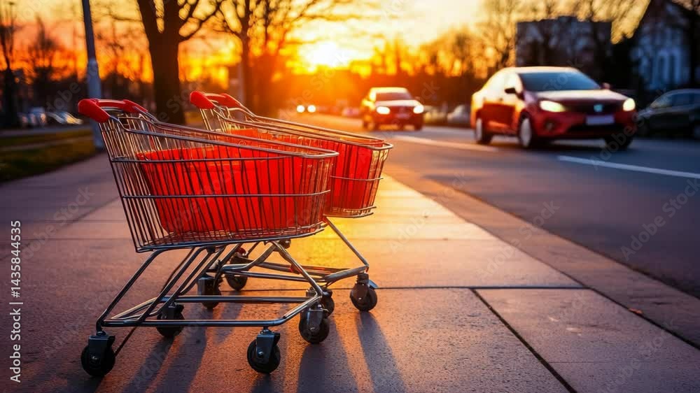 Two red shopping carts stand on pavement sidewalk during golden hour sunset with blurred vehicles passing in the distance showing urban life.