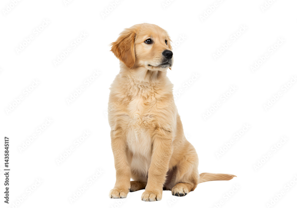 Golden retriever puppy sitting attentively looking to the side isolated