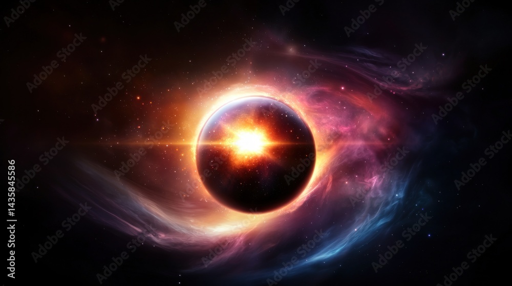 Obraz premium Cosmic Eclipse, Burning Planet, Nebula Swirls, Space Background