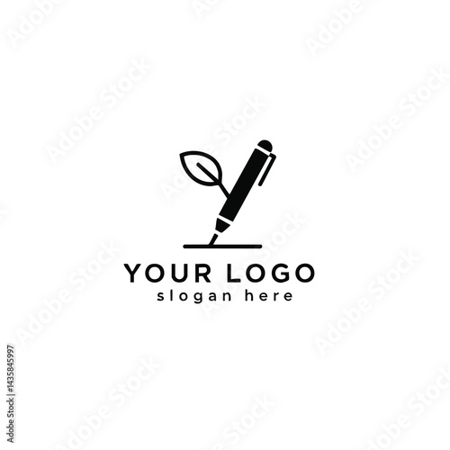 Black silhouette logo of pen with single leaf for writing, education, or eco-friendly concepts.
