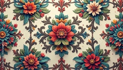 Intricate floral damask pattern in muted tones , fabric, illustration, soft