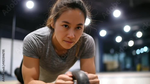 An Asian woman skillfully executes a Turkish get-up with a kettlebell in a gym setting.