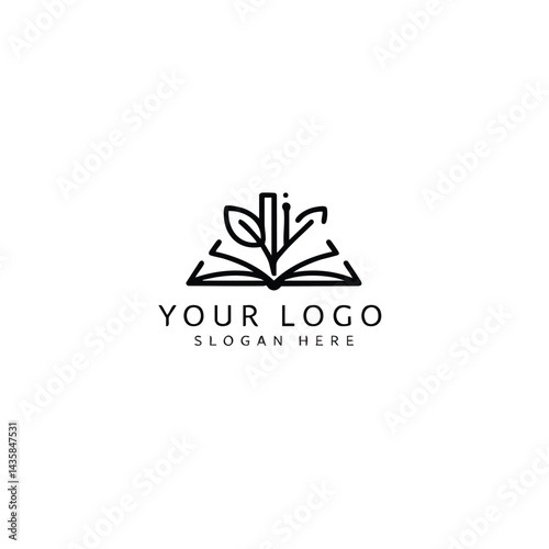 Line art logo of open book with plant sprout growing, symbolizing knowledge growth, learning, or eco-education.
