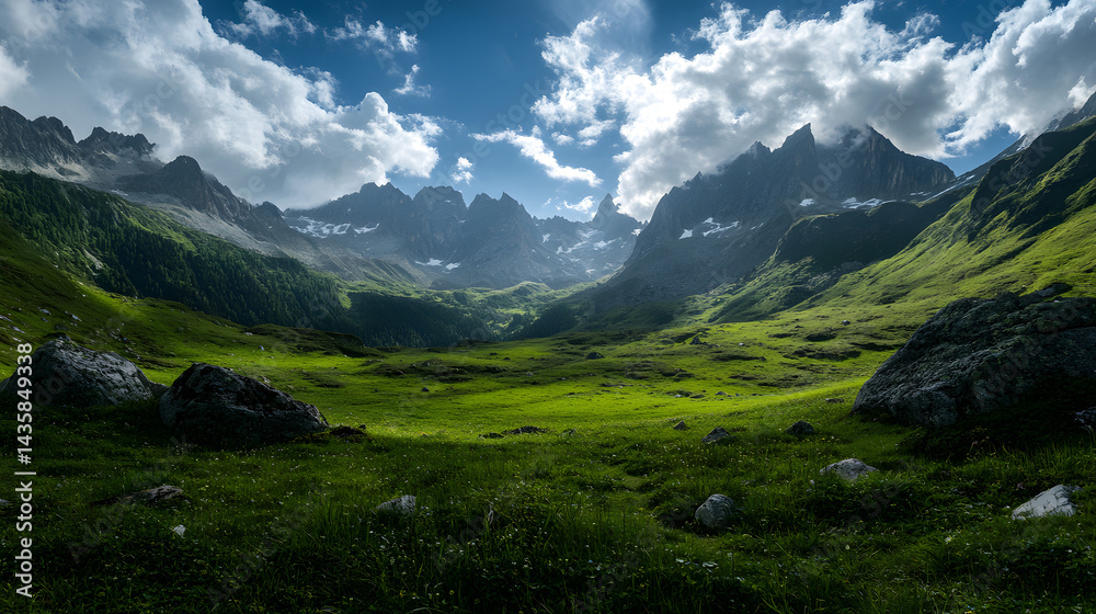 Fototapeta premium A breathtaking alpine sunset with snow-covered peaks reflecting the soft golden hues of the sun as it dips below the horizon, illuminating a quiet valley.