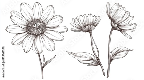 Wallpaper Mural Monochrome floral illustration, three daisies. Torontodigital.ca