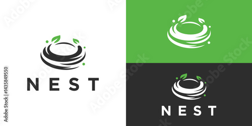 Creative nest logo template. Nest with leaf logo design vector illustration.
