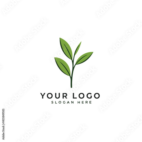Simple green plant stem with four leaves logo for tea, herbs, nature, wellness, or organic brands.
