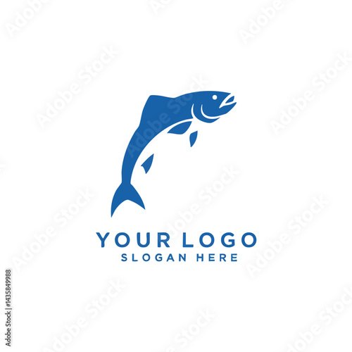 Fish logo design template blue jumping salmon trout icon symbol vector illustration isolated fishing seafood brand graphic.
