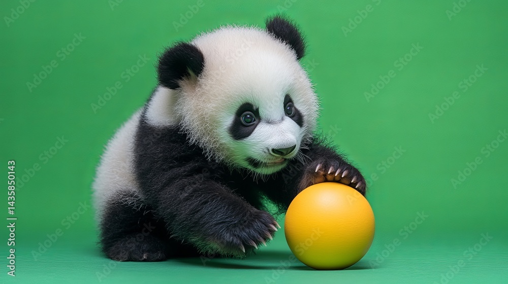 Naklejka premium Adorable Baby Panda Playing with Yellow Ball Green Background Cute Fluffy Wildlife Animal Photography Image fun zoo toy game shot china sweet happy 