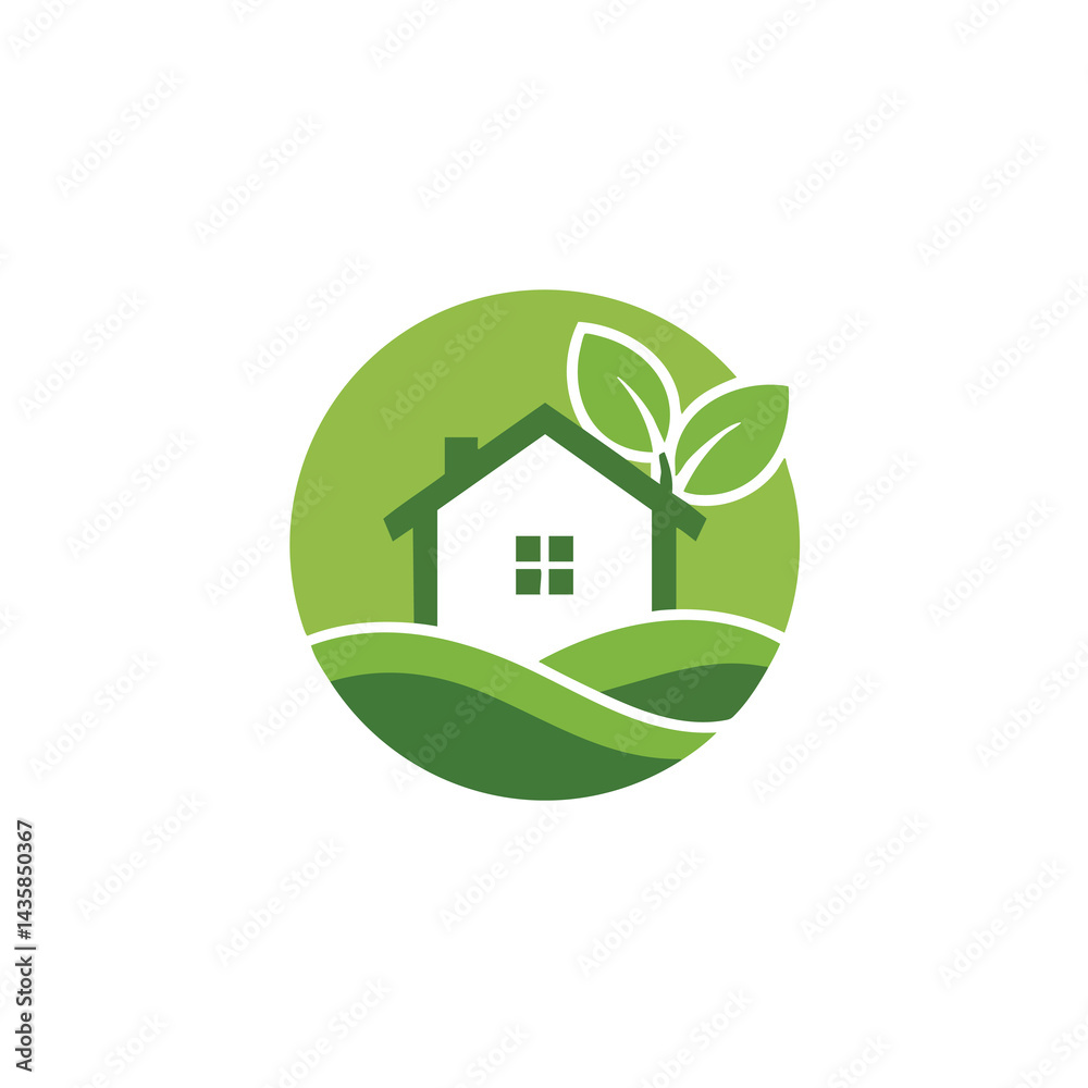 Green house logo with leaves on hills inside circle, representing eco-friendly homes, real estate, or nature living.
Green house logo with leaves on hills inside circle, representing eco-friendly homes, real estate, or nature living.