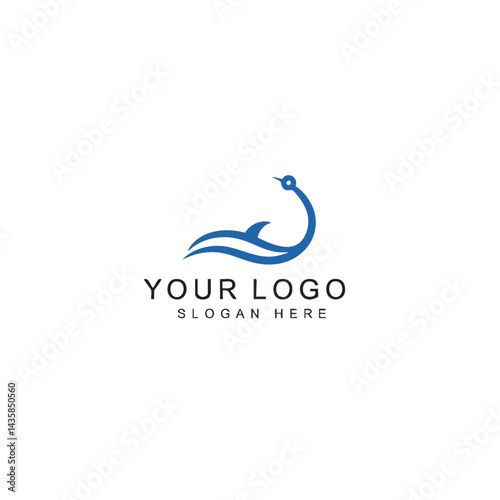 Abstract blue line art logo forming wave and hook or swan shape for marine, fishing, or travel brands.
