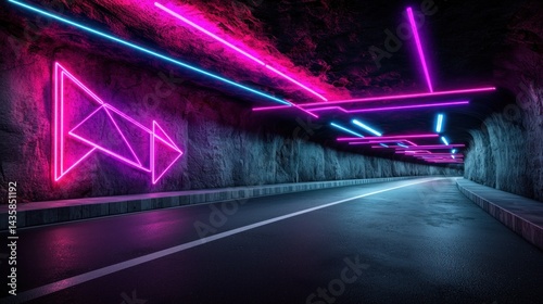 Fototapeta Naklejka Na Ścianę i Meble -  Neon tunnel road, geometric signs, dark cave, futuristic