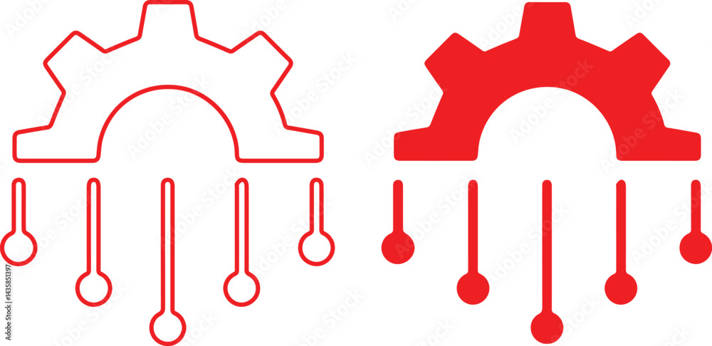 Minimalist gear icon, red and white design, circuit board connections, symmetrical layout, technical illustration, flat vector graphic, industrial symbol, technology concept, Minimalist gear icon, red and white design, circuit board connections, symmetrical layout, technical illustration, flat vector graphic, industrial symbol, technology concept,