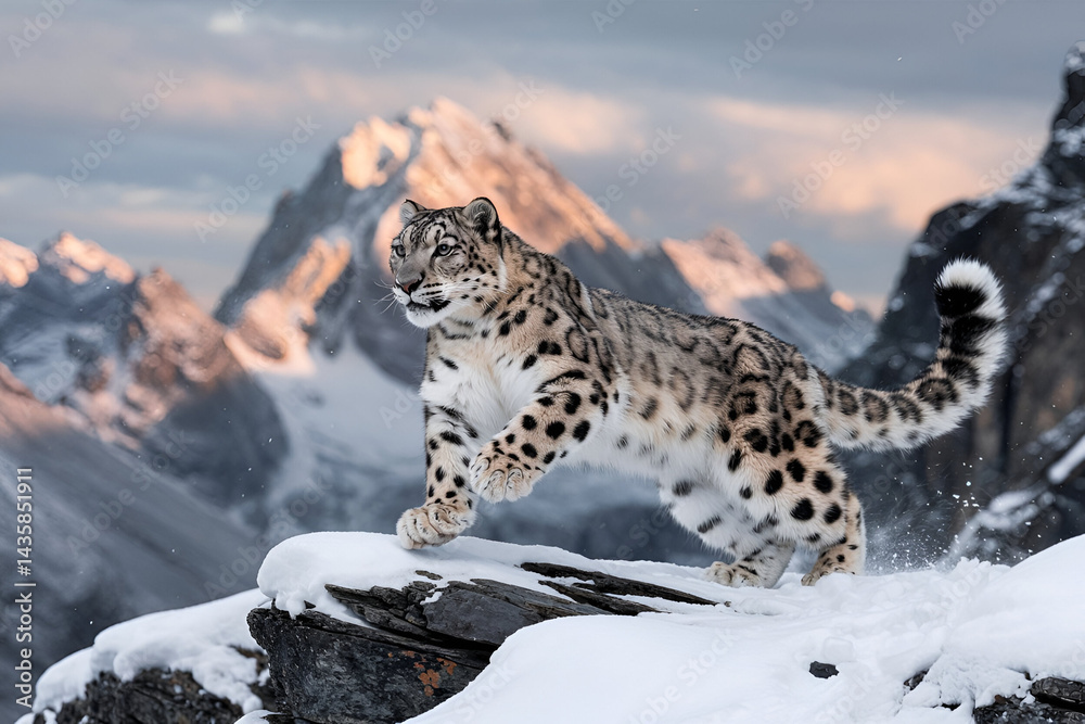 Fototapeta premium Majestic Snow Leopard in Pristine Winter Mountain Landscape
