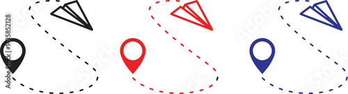 Location pin icons, paper airplanes, dotted curved lines, minimalist design, vector illustration, geometric shapes, travel concept, navigation symbols, flight paths, simple icon