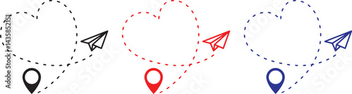 Paper airplanes, dotted flight paths, map pins, travel routes, minimalist design, black white and red, blue accents, interconnected destinations, global connections, journey illustration,