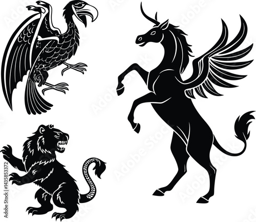 Illustration of griffin lion and winged unicorn in black and white heraldic style