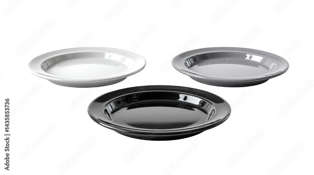 Three elegant ceramic plates in white, gray, and black arranged artistically on a table Three elegant ceramic plates in white, gray, and black arranged artistically on a table
