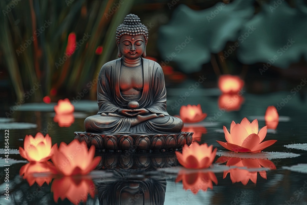 Fototapeta premium Serene Buddha Statue in Meditation with Glowing Lotus Flowers on Water